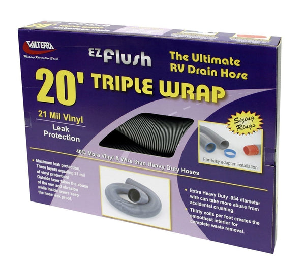 Valterra EZ Flush Triple Wrap Drain Hose, 20′, Silver, Boxed