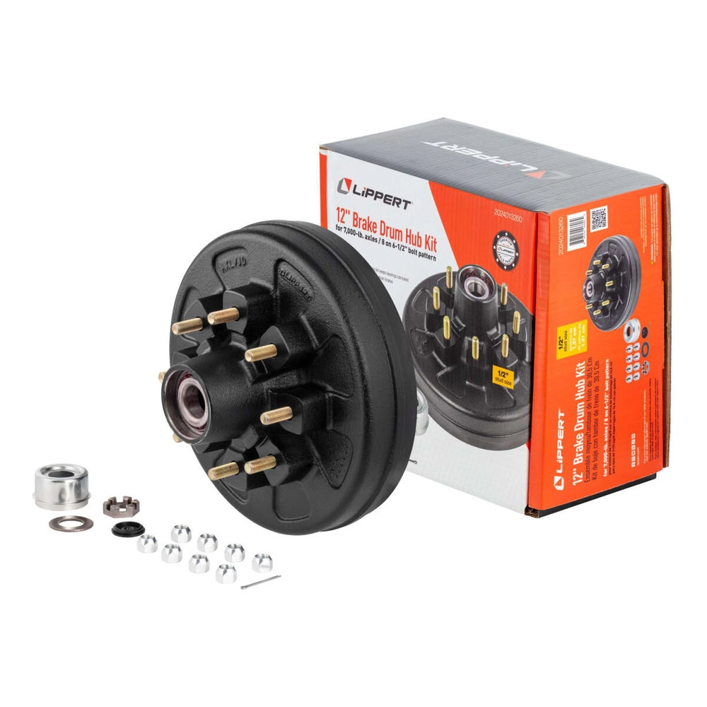 Lippert 12" Brake Hub Complete Kit with Installed Bearings - 7,000-lb. Axles, 8 on 6-1/2" Bolt Pattern, 1/2" Stud Size