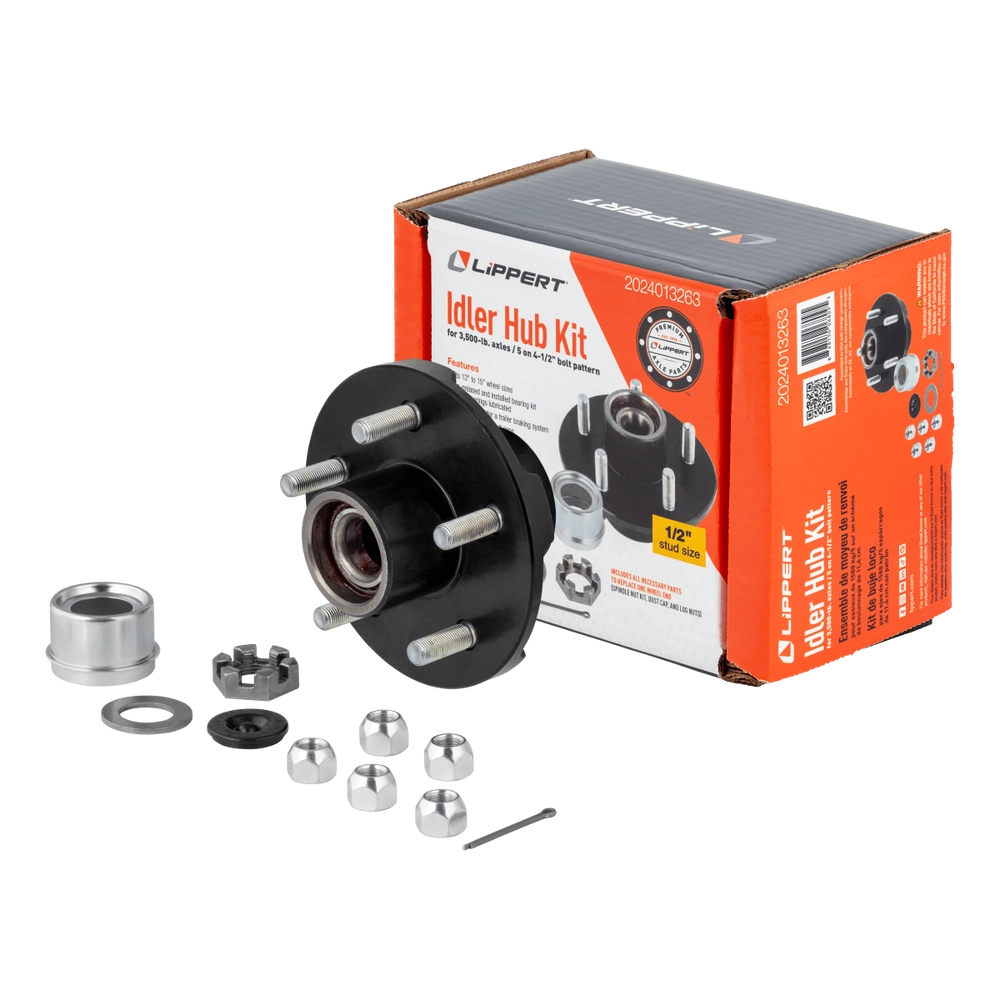 Lippert Idler Hub Complete Kit with Installed Bearings - 3,500-lb. Axles, 5 on 4-1/2" Bolt Pattern, 1/2" Stud Size
