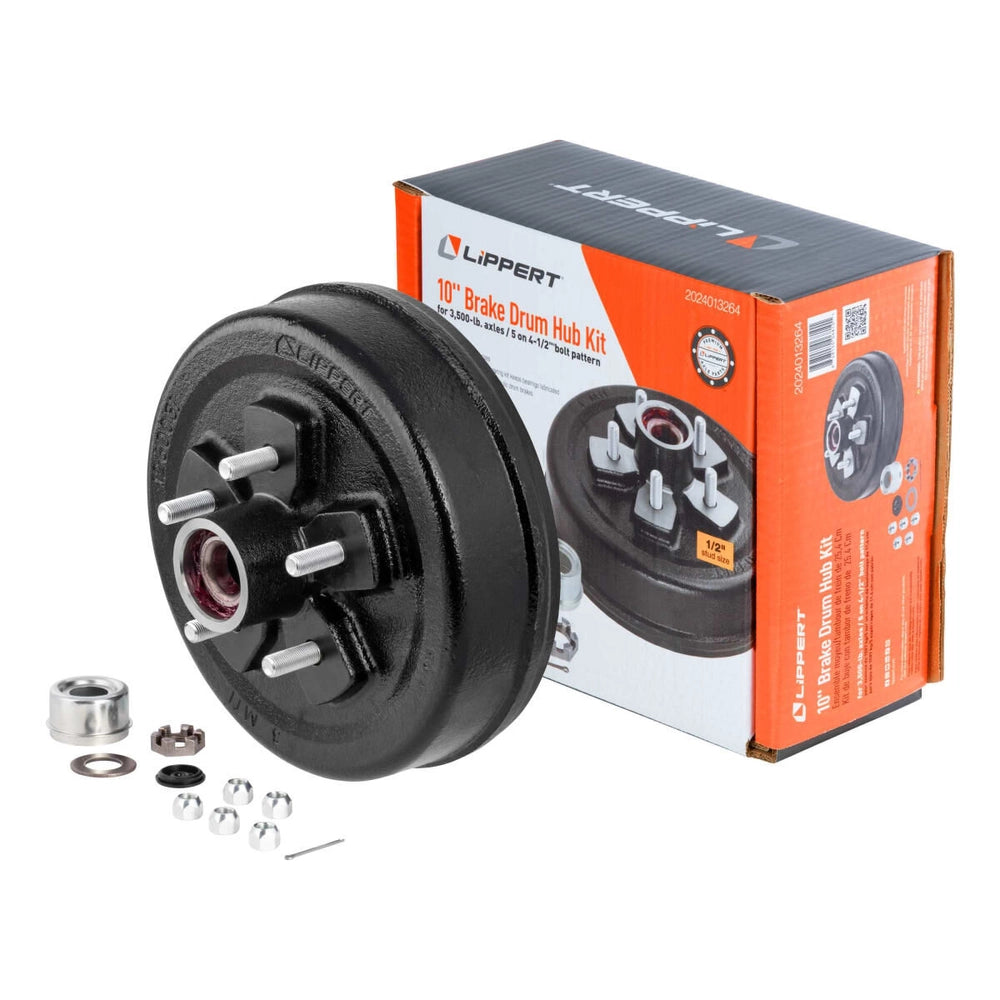 Lippert 10" Brake Hub Complete Kit with Installed Bearings - 3,500-lb. Axles, 5 on 4-1/2" Bolt Pattern, 1/2" Stud Size