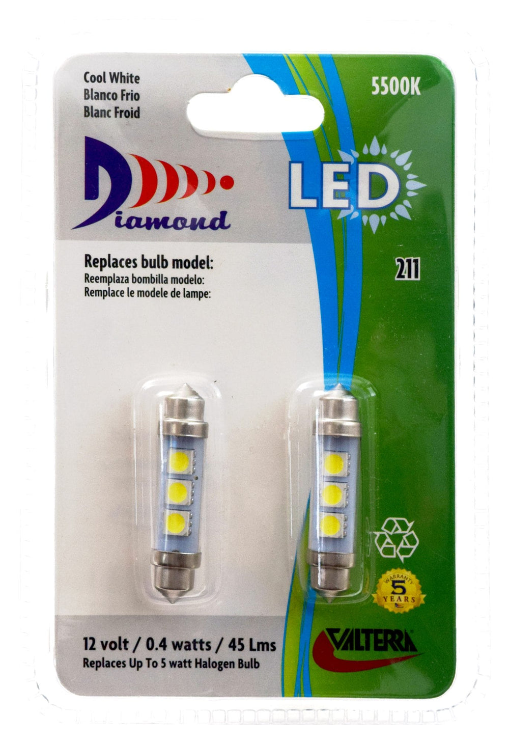 Valterra LED Festoon, Fridge/Step/Decorative, 43.7MM, 45LUM, 5500K, .03A, 2 Pack