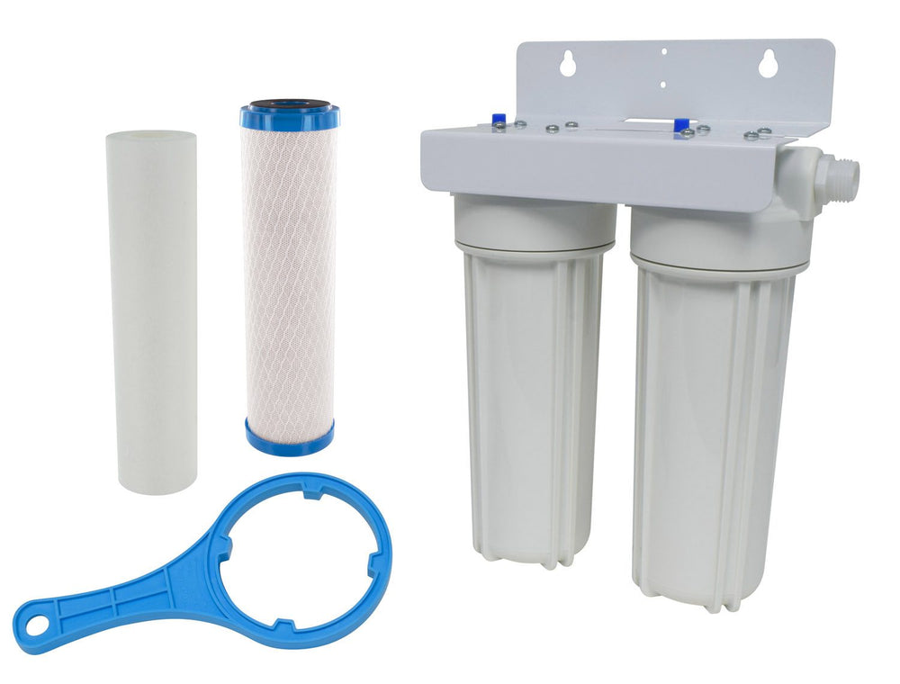 Valterra AquaFRESH Exterior Filter System, Dual Housing with Sediment Pre-Filter, Advanced Carbon Block Cartridge, Wall Bracket and Wrench, Boxed