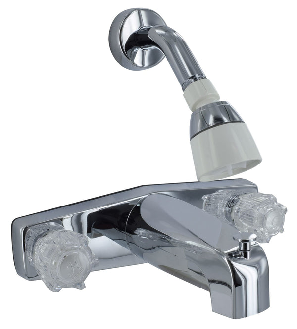 Phoenix Tub/Shower Kit, Manufactured Housing/HUD Code Compliant, Plastic Compression Valve, Chrome with Clear Acrylic Knob Handles, (Spout Diverter)