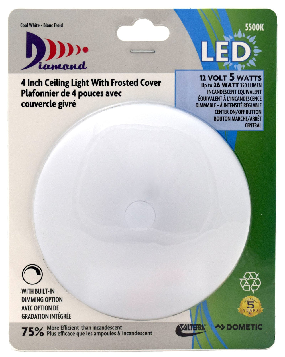 Valterra LED Ceiling Light w/Frosted Cover, 4”, Cool White, Surface Mount, Slim Line, 1/pk