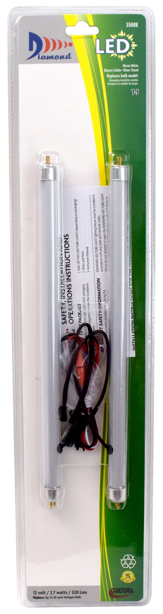 Valterra LED Fluorescent (T-5), 12″, 39 Diode High Output, 520LUM , 3500K, .16A, 2 Pack