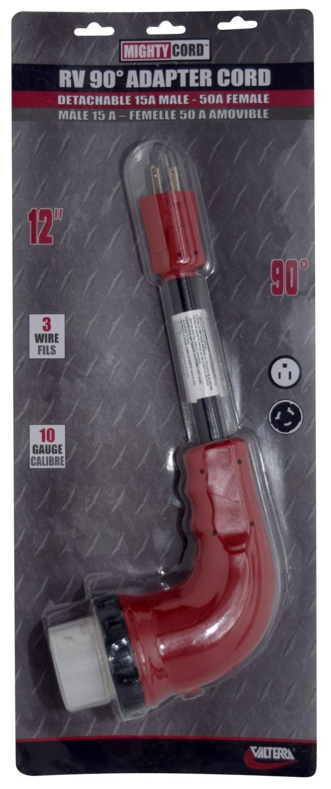 Valterra 15AM-50AF 90 Degree LED Detach Adapter Cord, 12”, Red, Carded