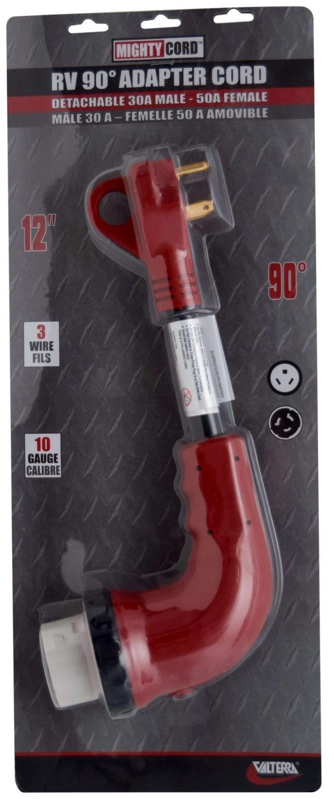 Valterra 30AM-50AF 90 Degree LED Detach Adapter Cord, 12”, Red, Carded
