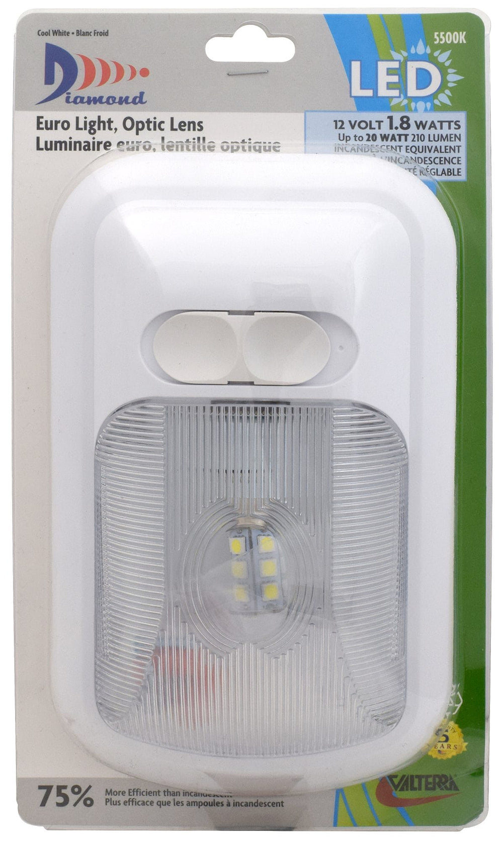Valterra LED Dome Light, Eurostyle – Single, 2 Wire, 4.75”x8”, 2-Way Switch, 215LUM, 5500K, .19A