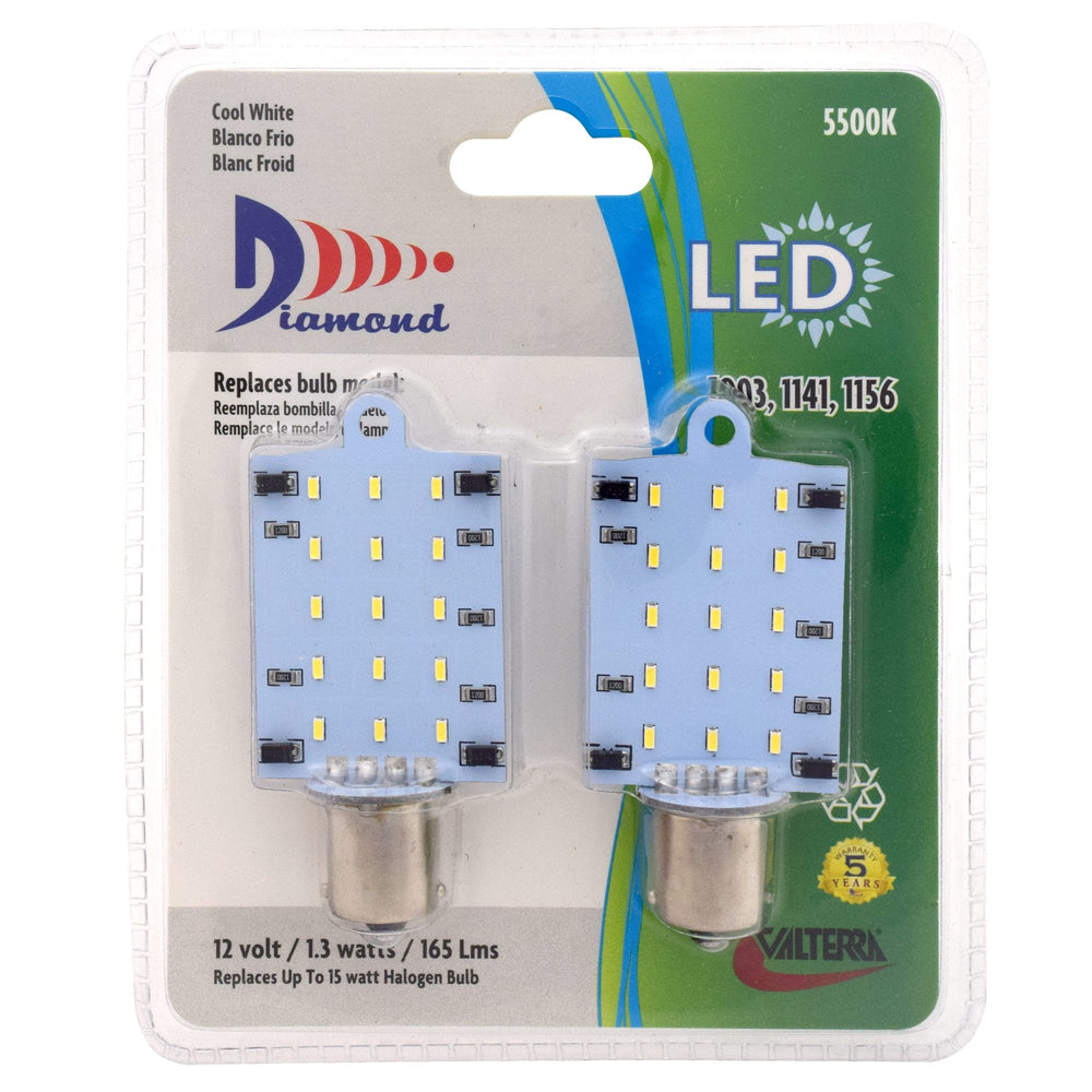 Valterra LED Flat Bulb (1141/1156), Overhead/Top Mount, 135LUM, 5500K, .08A - 2 Pack