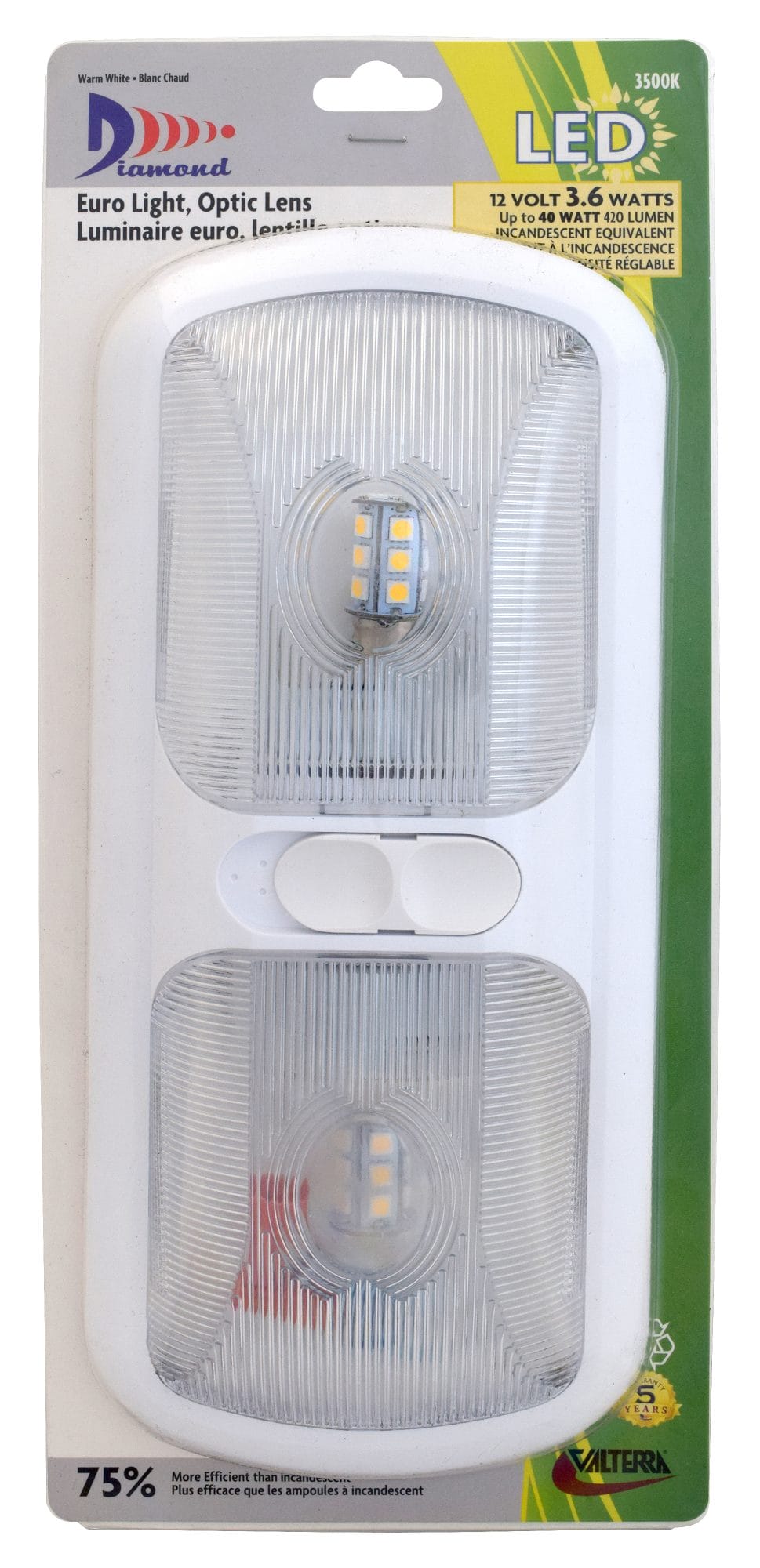 Valterra LED Dome Light, Eurostyle – Double, 2 Wire, 4.75”x11”, 3-Way Switch, 430LUM, 3500K,.38A