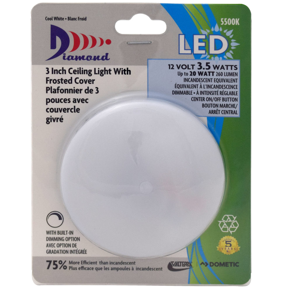 Valterra LED Ceiling Light w/Frosted Cover, 3”, Cool White, Surface Mount, Slim Line, 1/pk