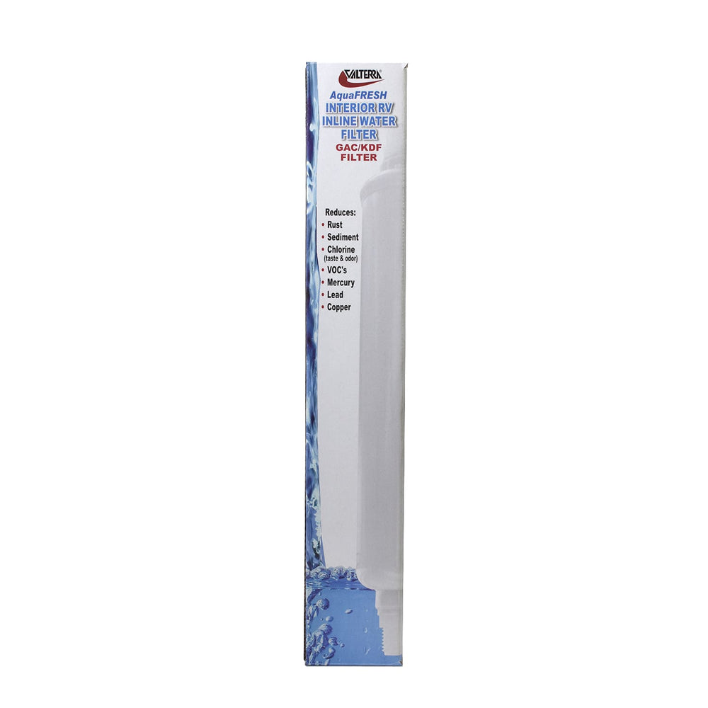 Valterra AquaFRESH GAC/KDF Filter, Interior Inline Cartridge Replacement w/1/2″ Threaded Fittings, 10″ x 2″, Boxed