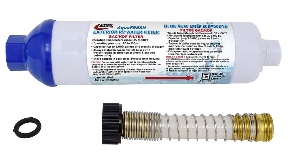 Valterra AquaFRESH Exterior RV Water Filter Kit w/Hose Connections & Hose Saver
