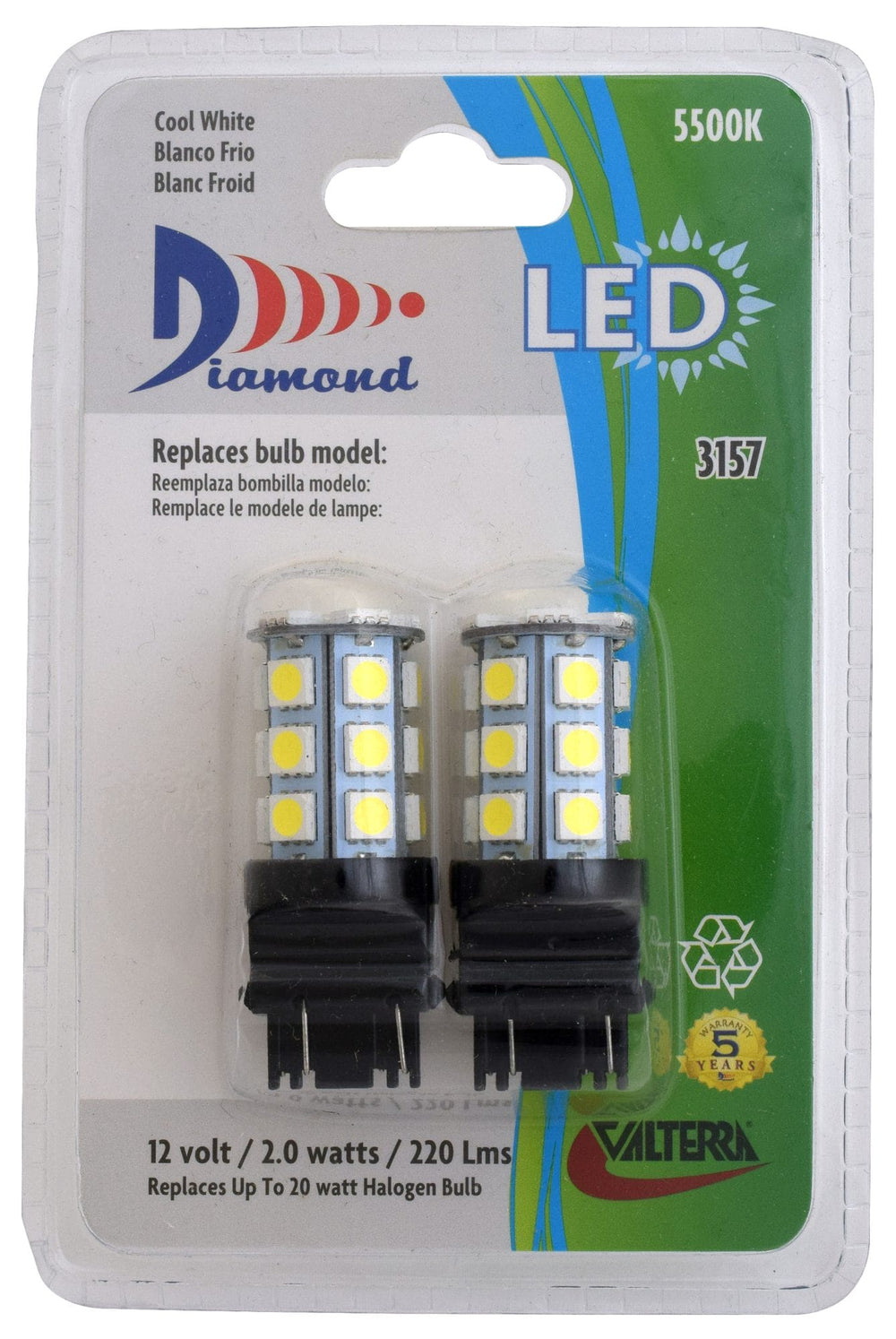 Valterra LED Tower Bulb (3157), Tail/Turn Signals, 220LUM, 5500K, .17A, 20W Eq., 2 Pack