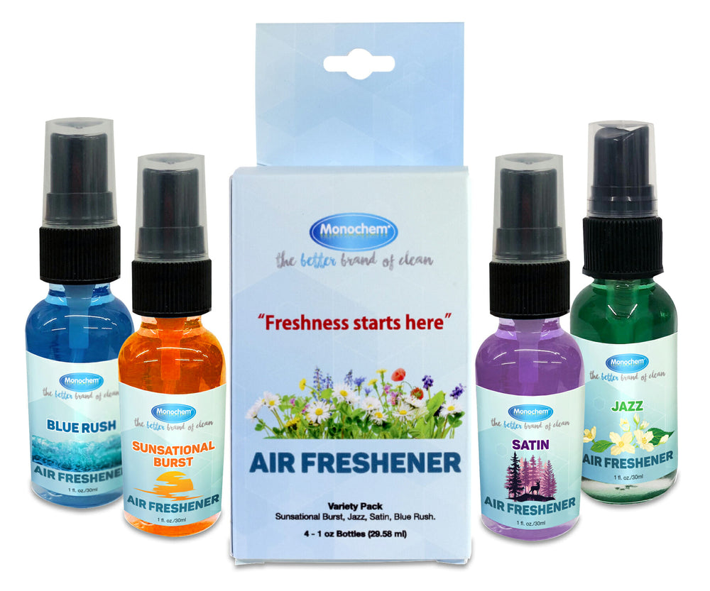 Valterra Monochem Air Freshner Assorted Sprays: Satin, Jazz, Blue Rush & Sunsational Burst, 1 oz. Spary Bottle, 4Pk/Box