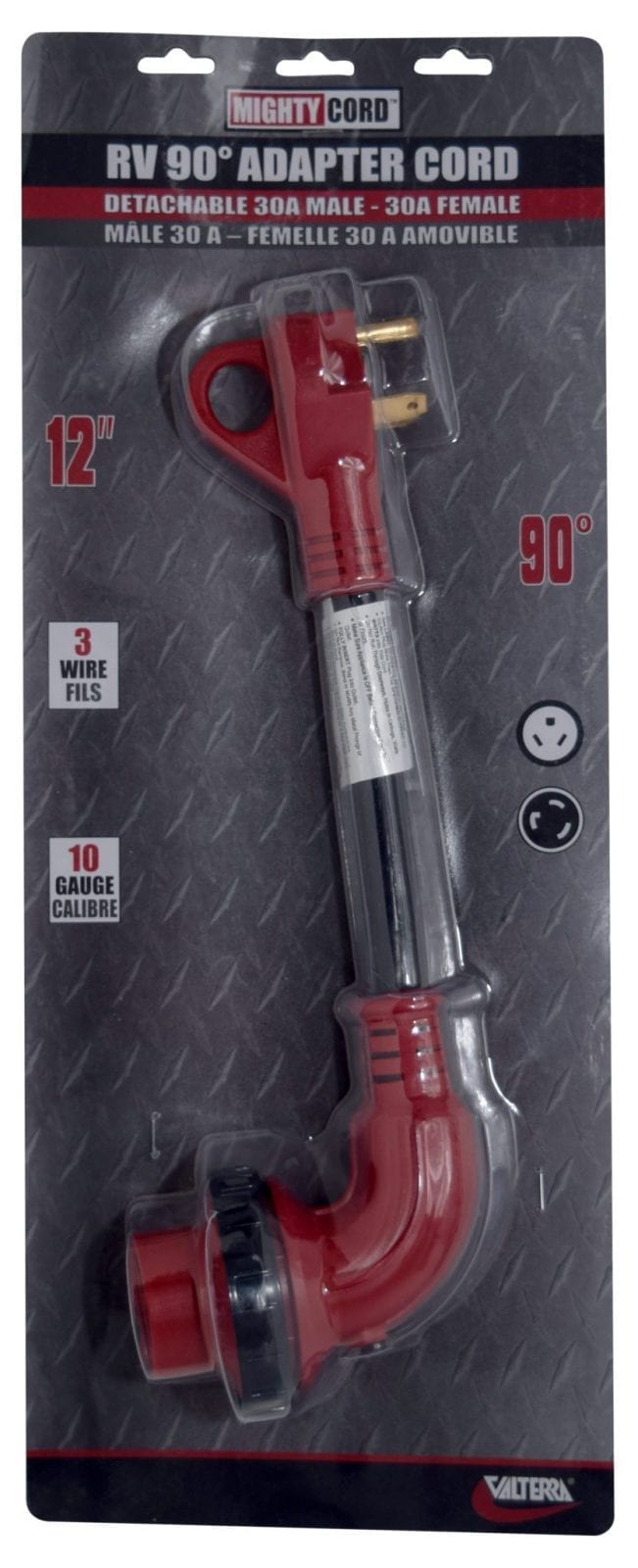 Valterra 30AM-30AF 90 Degree LED Detach Adapter Cord, 12”, Red, Carded