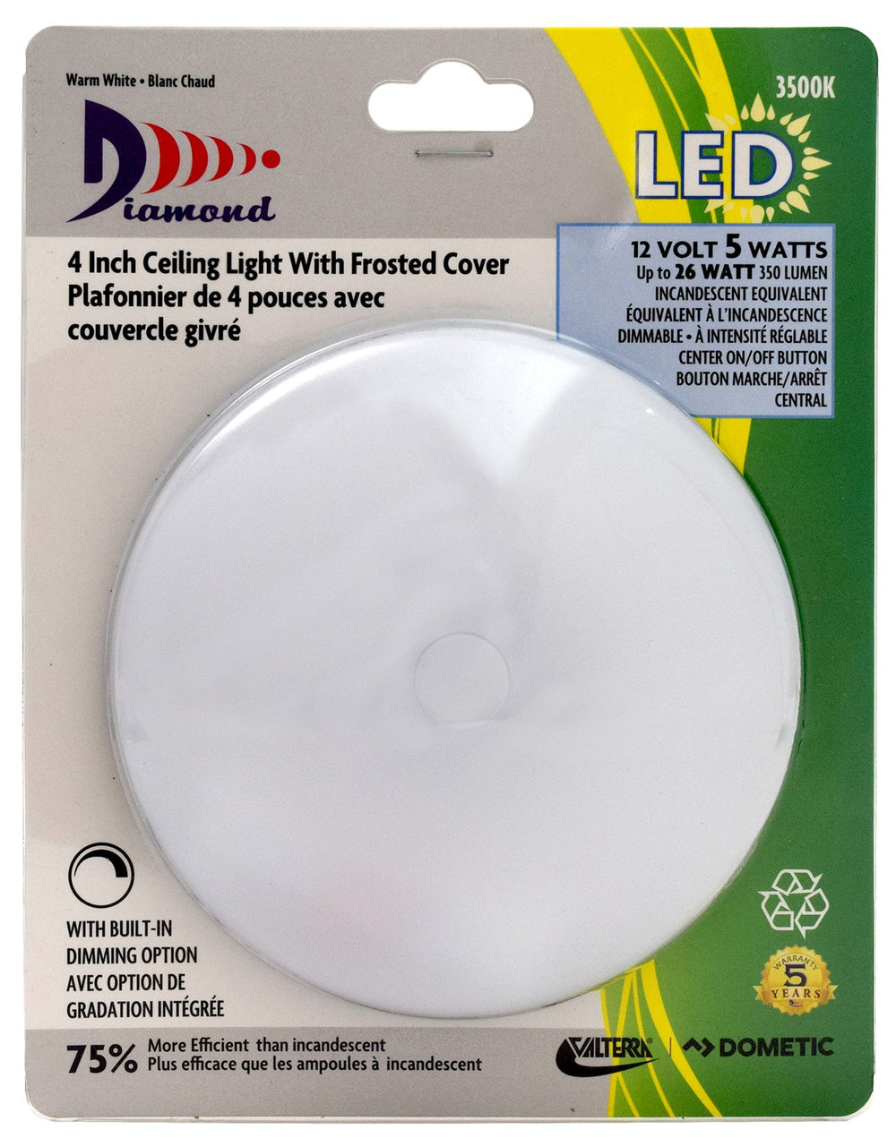 Valterra LED Ceiling Light w/Frosted Cover, 4”, Warm White, Surface Mount, Slim Line, 1/pk
