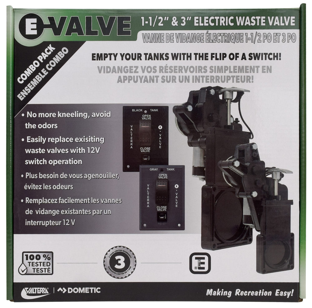 Valterra E-Valve Electric Waste Valve System w/2 Switches, 1-1/2” & 3”, No Fittings, Boxed