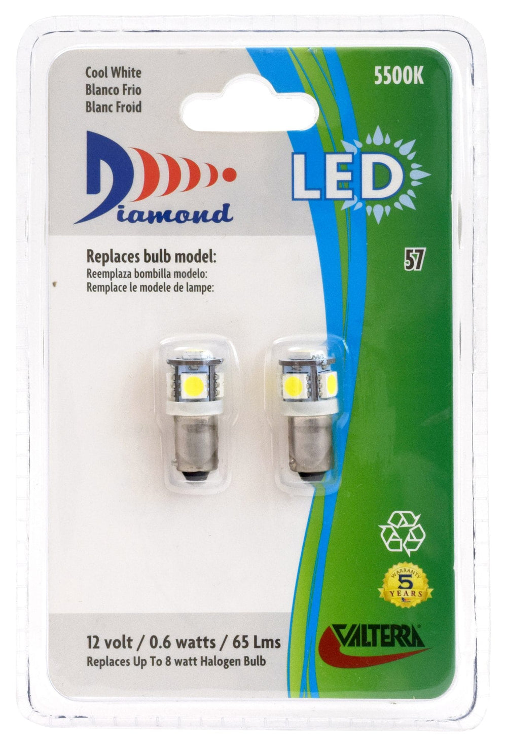 Valterra LED Tower Mini Bulb (57), 65LUM, 5500K, .05A, (1141 base style-miniature), 2 Pack